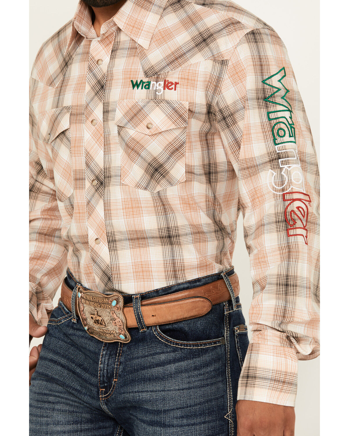 Image #3 - Wrangler Men's Mexico Logo Plaid Print Long Sleeve Snap Western Shirt, Tan, hi-res