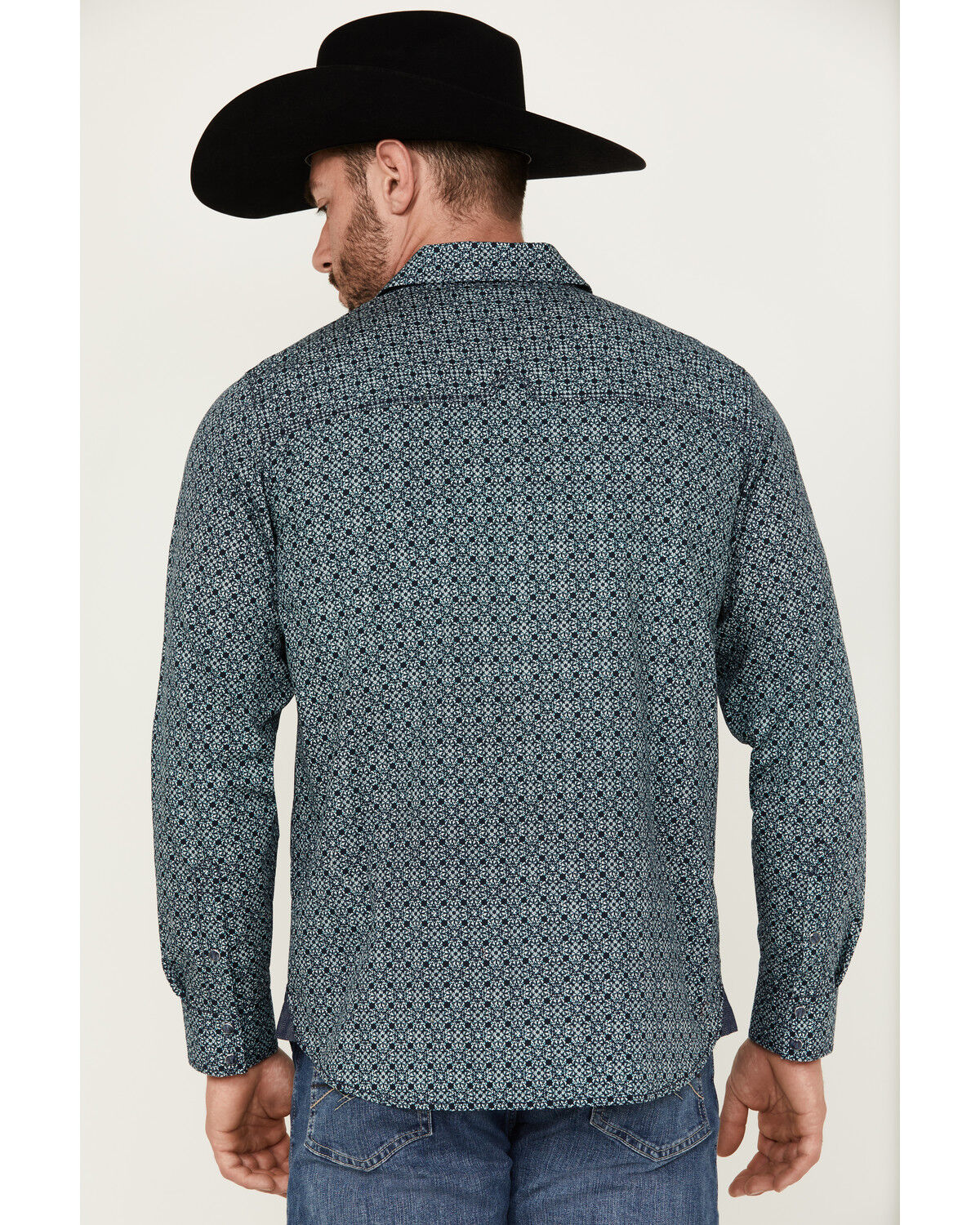 Image #4 - Moonshine Spirit Men's Old Fashioned Medallion Print Long Sleeve Pearl Snap Western Shirt, Navy, hi-res