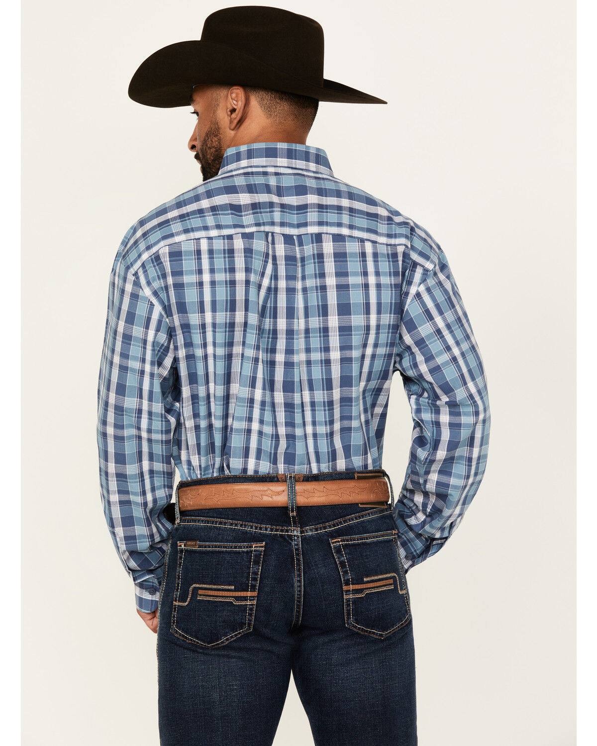Image #4 - George Strait by Wrangler Men's Plaid Print Long Sleeve Stretch Western Shirt - Big, Navy, hi-res