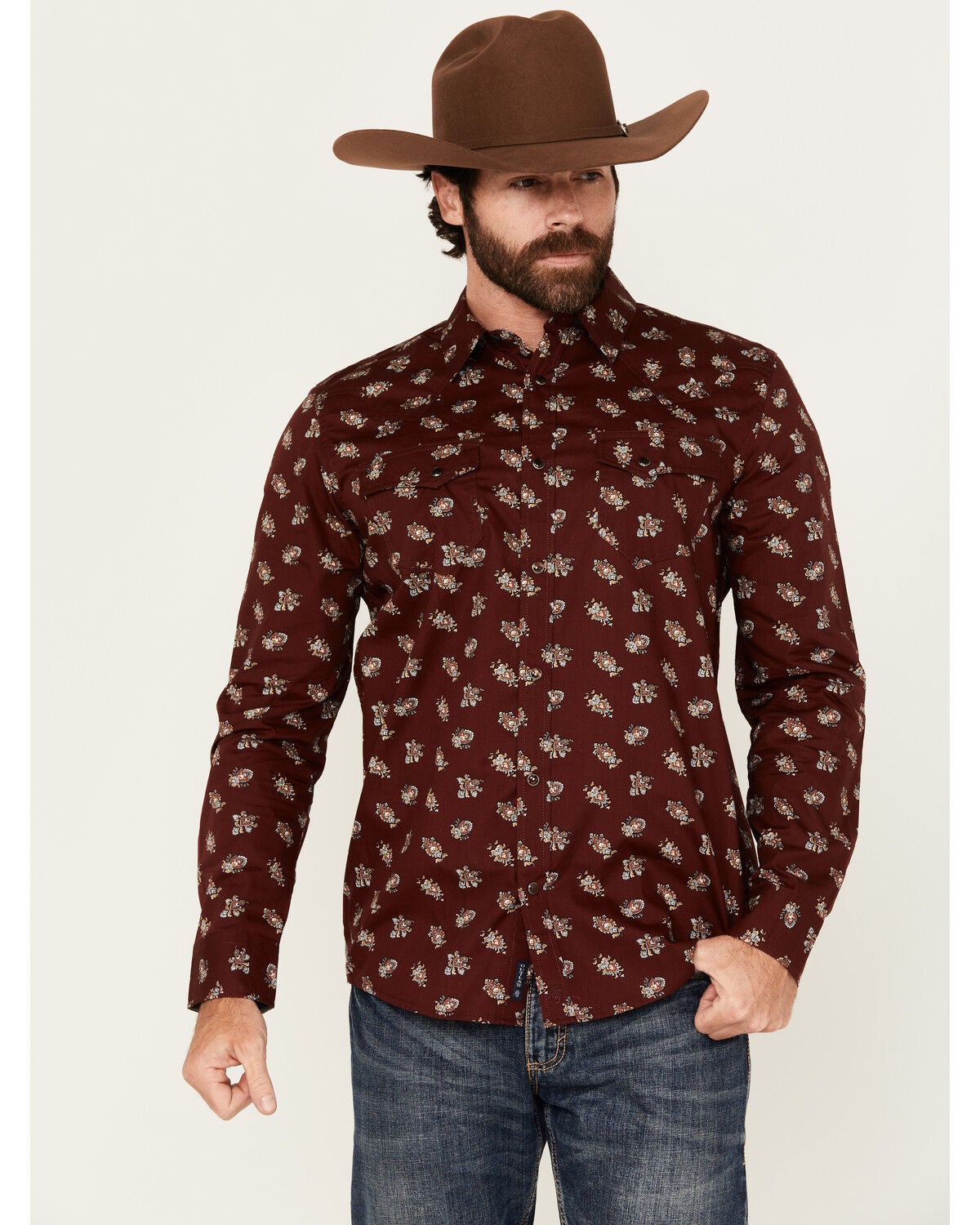 Moonshine Spirit&reg; Men's Nightmare Paisley Print Long Sleeve Snap Western Shirt, Burgundy, hi-res