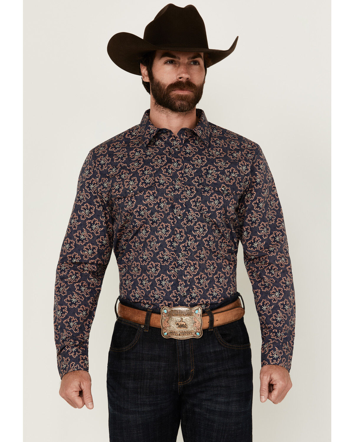 Image #1 - Gibson Trading Co Men's Garret Floral Print Long Sleeve Snap Western Shirt, Navy, hi-res