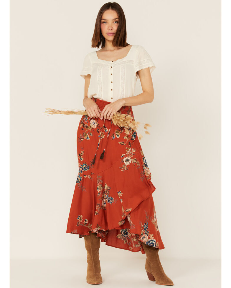 Nostalgia Women's Floral Print Surplice Midi Skirt, Rust Copper, hi-res