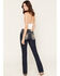 Image #1 - Miss Me Women's Dark Wash Mid Rise Winged Pocket 32" Bootcut Stretch Denim Jeans, Dark Wash, hi-res