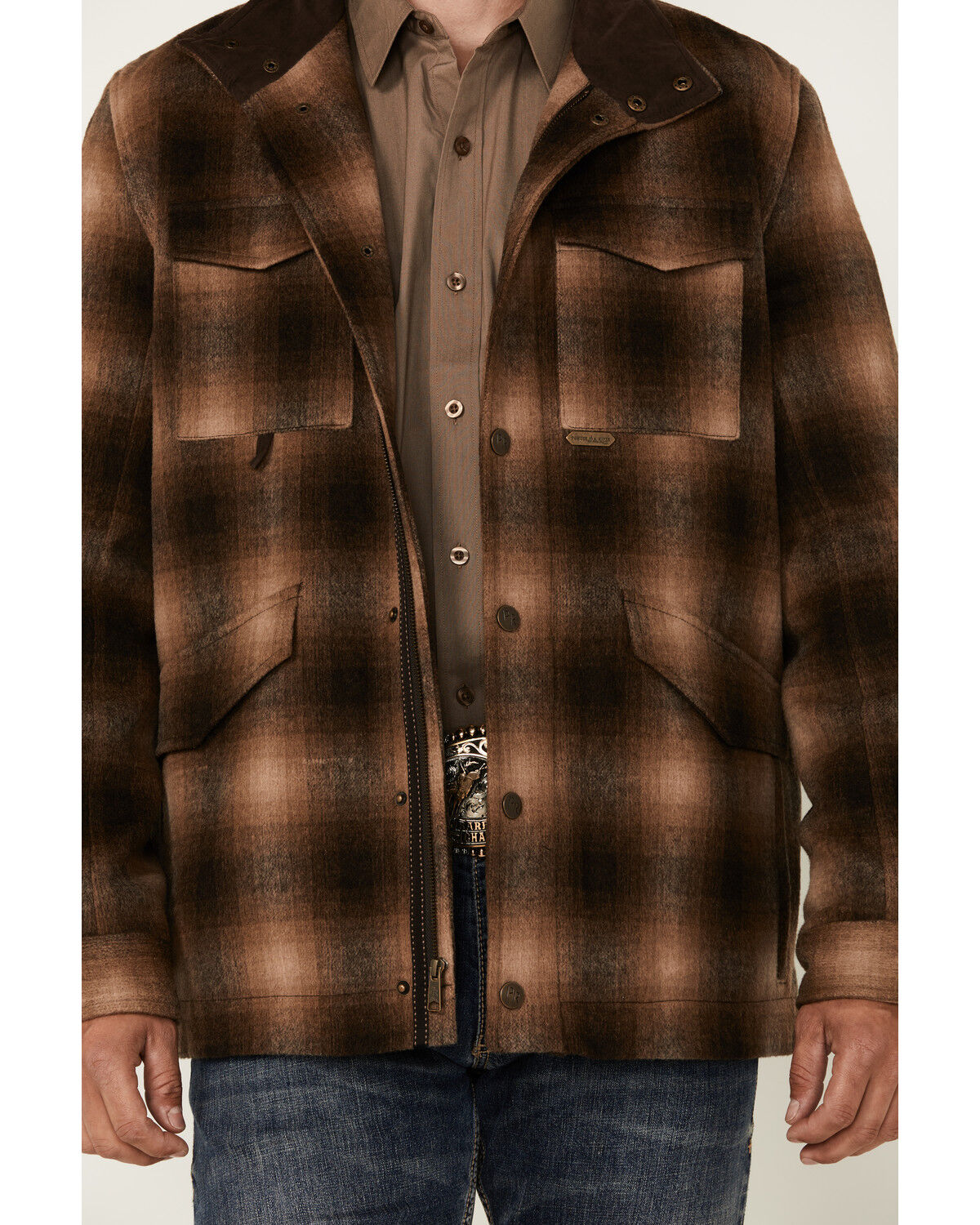 Image #3 - Powder River Outfitters Men's Plaid Print Heavy Brushed Wool Snap Jacket, Brown, hi-res
