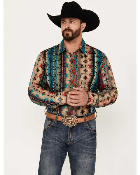 Image #1 - Wrangler Men's Checotah Southwestern Print Long Sleeve Pearl Snap Western Shirt, , hi-res