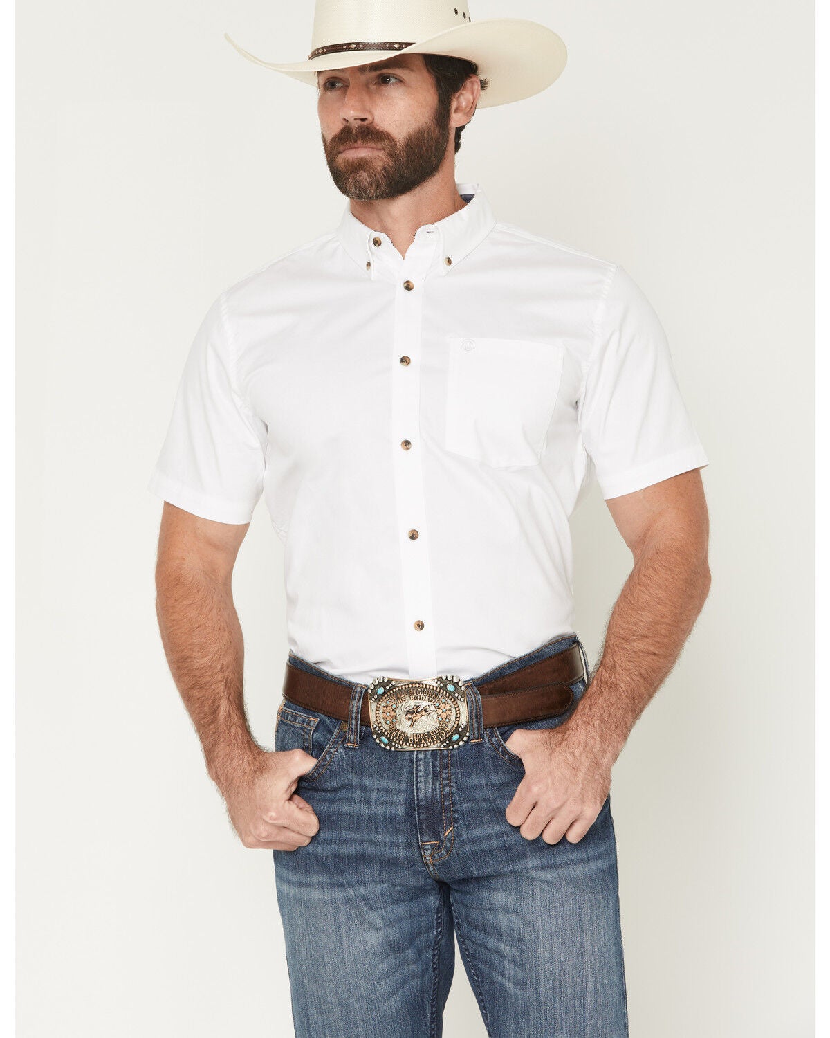 Image #1 - Cody James Men's Basic Solid Short Sleeve Button-Down Stretch Western Shirt, White, hi-res