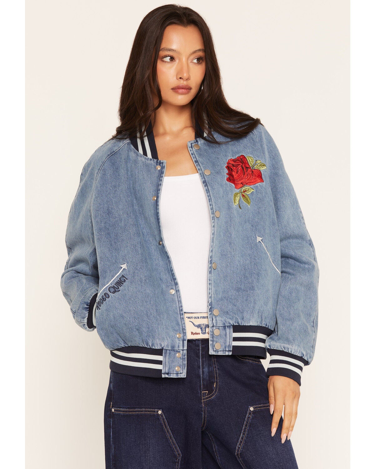 Image #1 - Rodeo Quincy X Boot Barn Women's Year of the Horse Denim Bomber Jacket, Medium Wash, hi-res