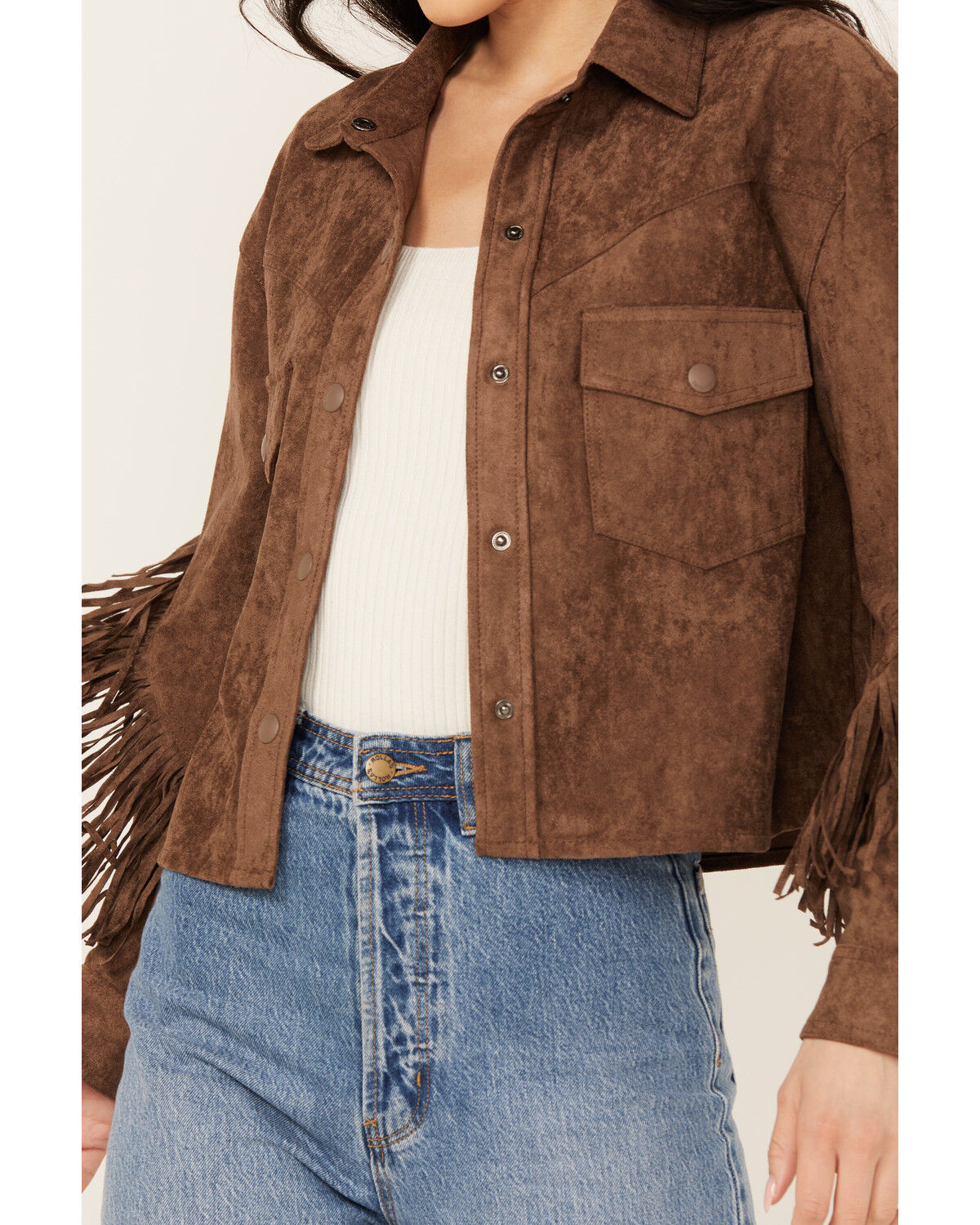 Image #3 - BLANKNYC Women's Faux Suede Fringe Jacket, Brown, hi-res