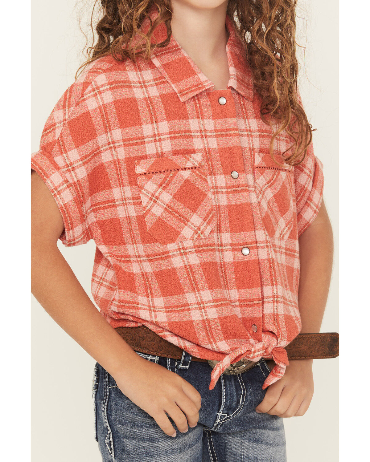 Image #3 - Shyanne Girls' Camp Plaid Print Short Sleeve Snap Tie-Front Shirt, Dark Pink, hi-res