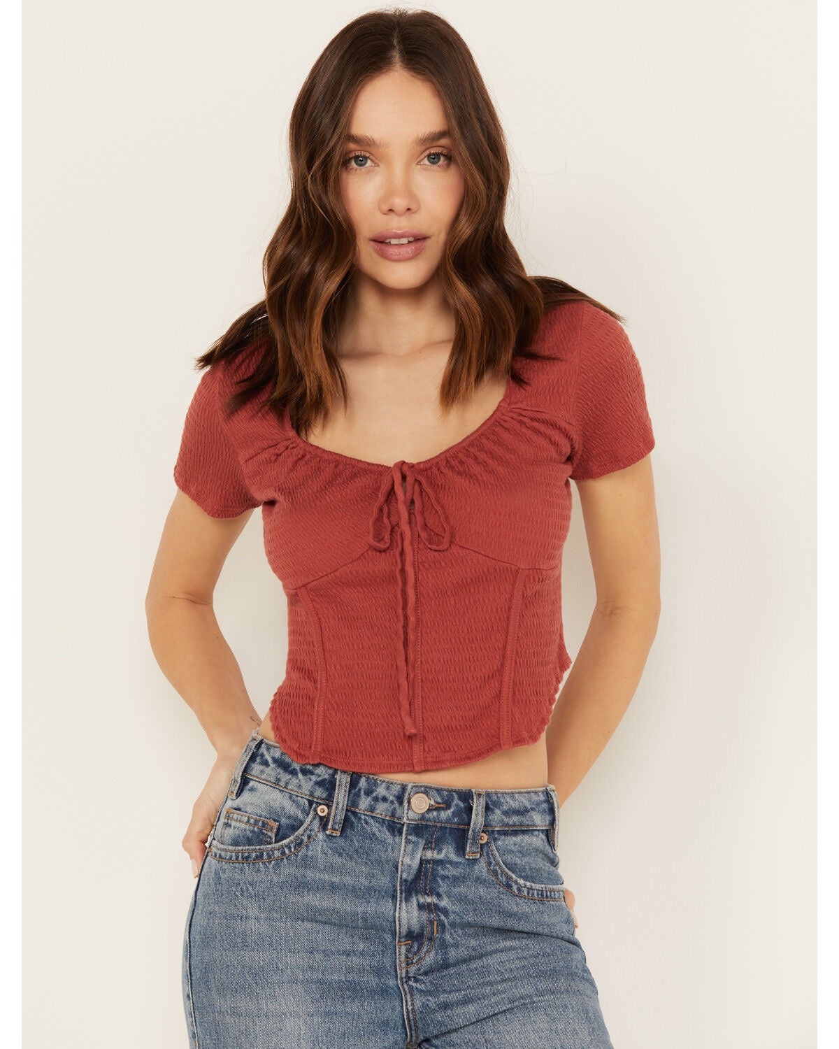Wild Moss Women's Textured Corset Knit Top, Red, hi-res