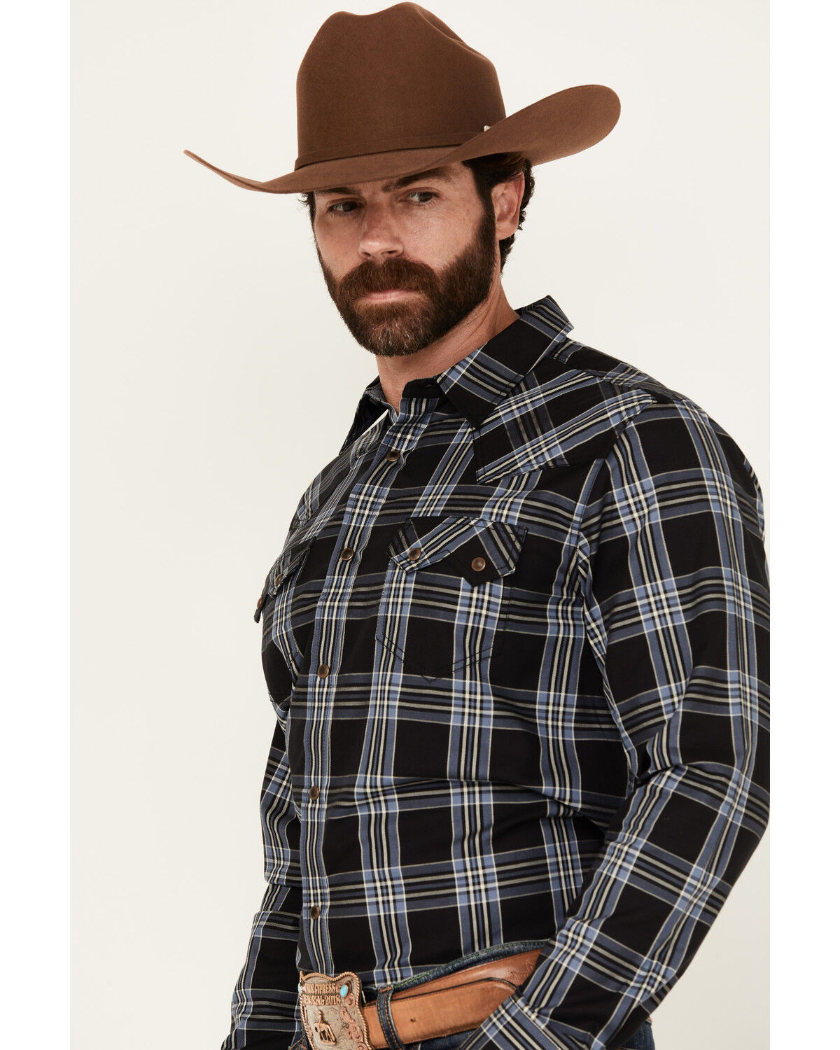Image #2 - Cody James Men's Irving Plaid Print Long Sleeve Snap Western Shirt - Tall, Navy, hi-res