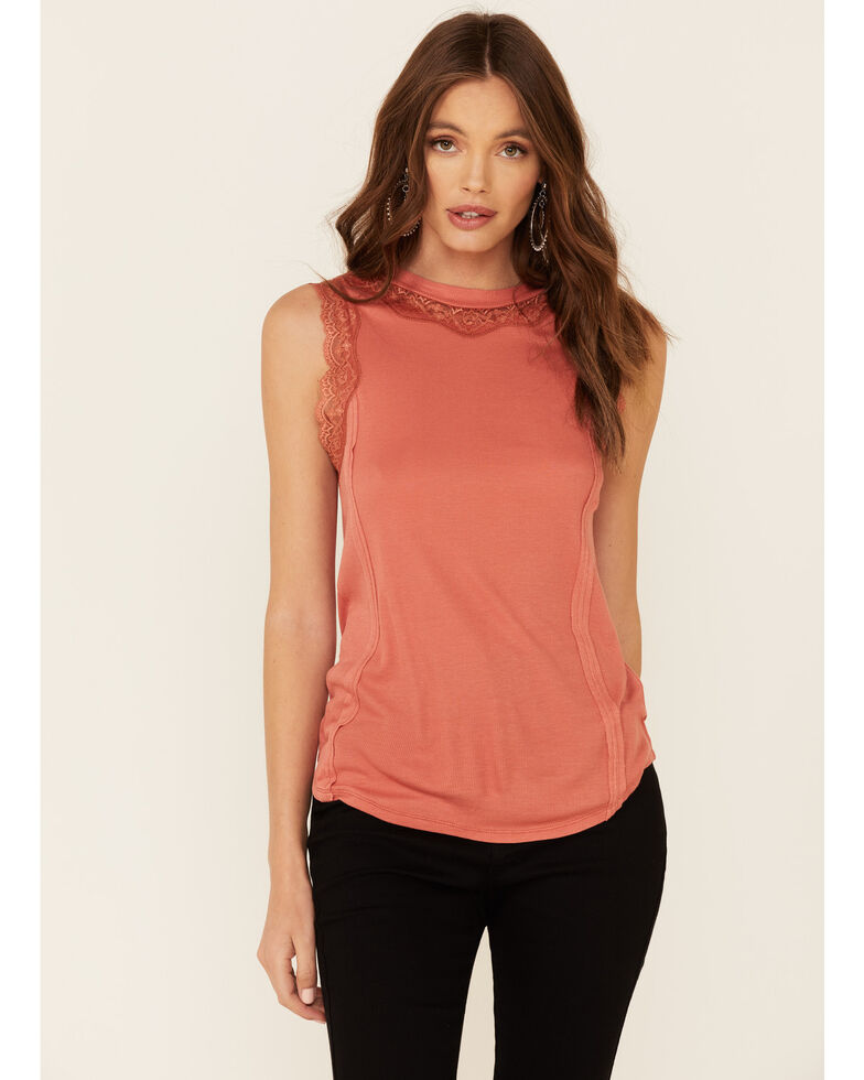 Rock & Roll Denim Women's Coral High Neck Lace Inset Tank Top , Coral, hi-res