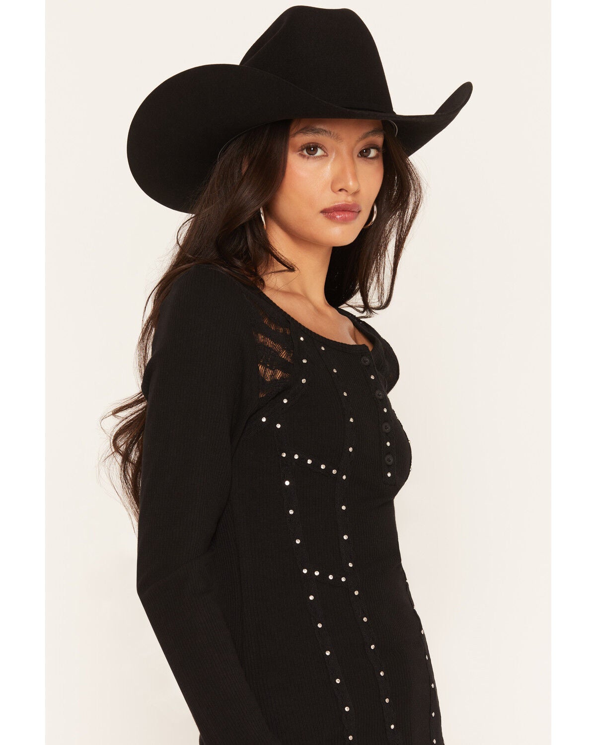 Image #2 - Miss Me Women's Lace Long Sleeve Top, Black, hi-res
