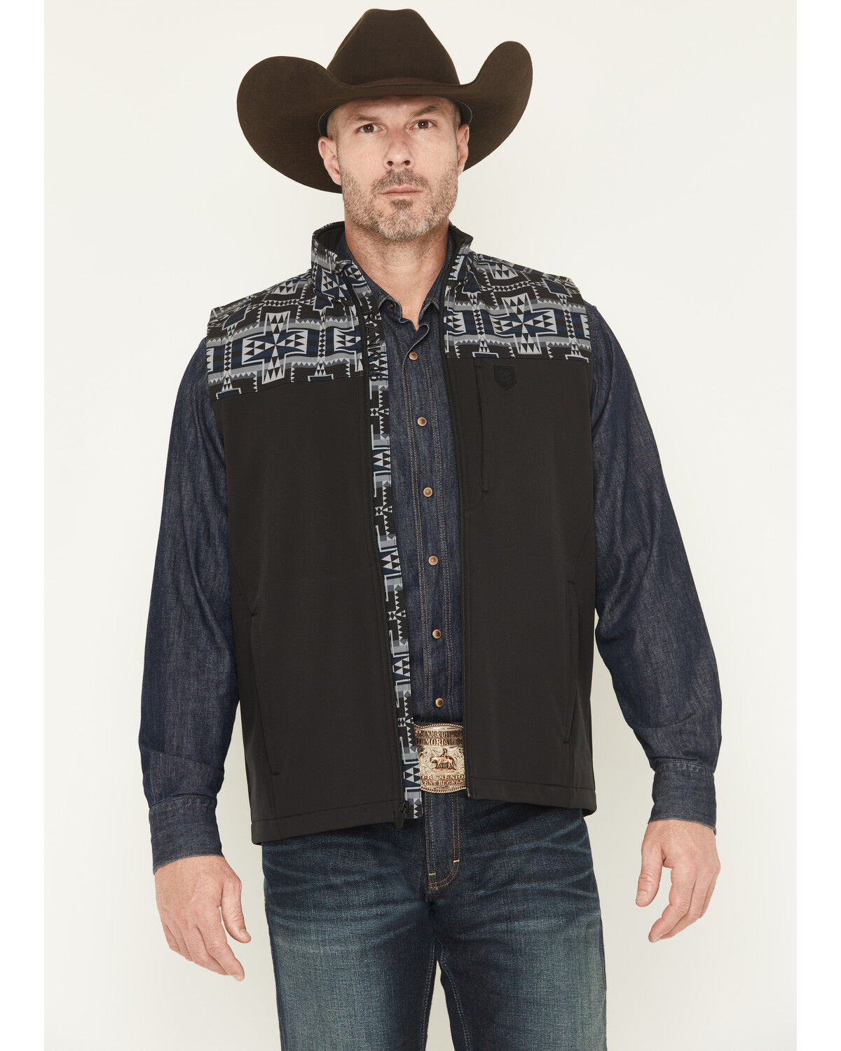 Image #1 - RANK 45® Men's Cheneka 2.0 Colorblock Southwestern Print Softshell Vest, Black, hi-res