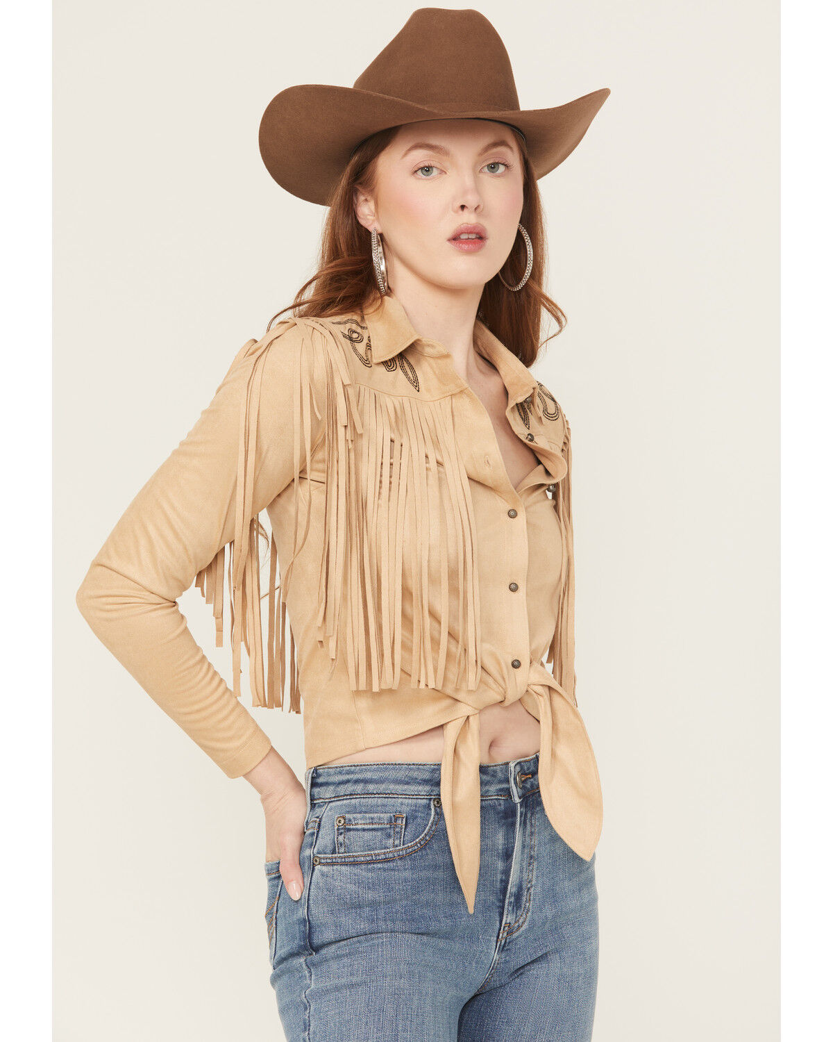 Image #2 - Idyllwind Women's McKinney Faux Suede Long Sleeve Fringe Top, Khaki, hi-res