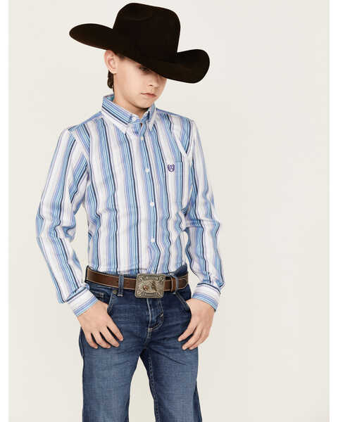 Panhandle Boys' Striped Long Sleeve Button-Down Western Shirt, Light Blue, hi-res