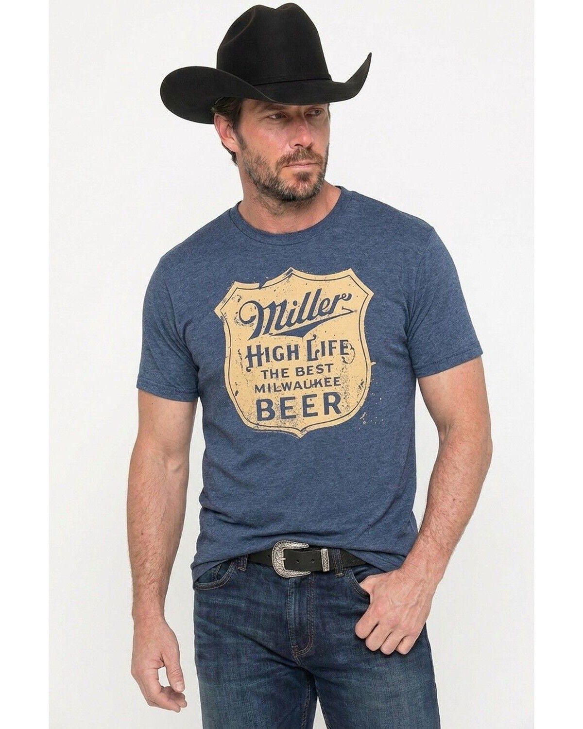 Miller Men's Vintage Shield High Life Short Sleeve Graphic T-Shirt, Navy, hi-res