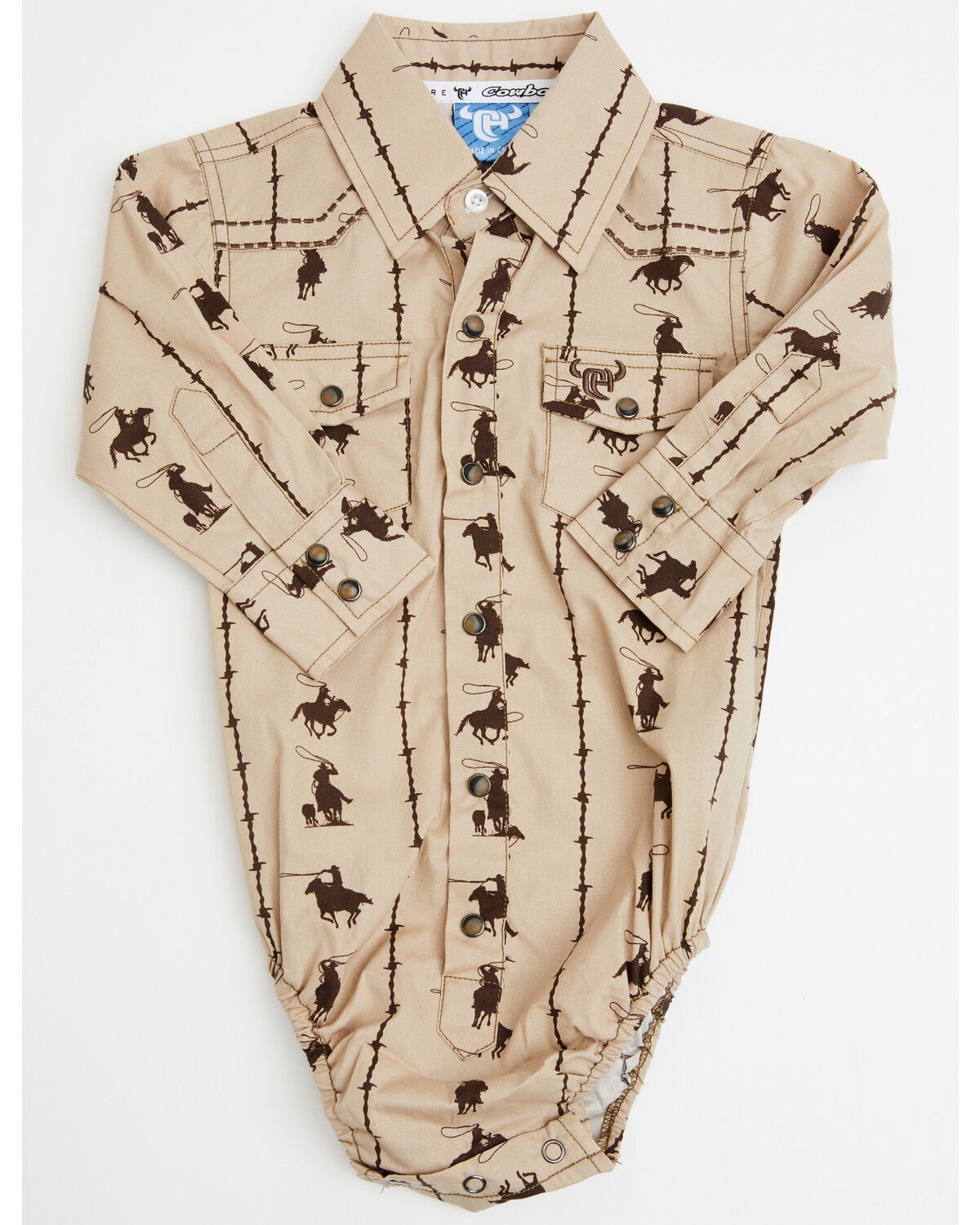 Cowboy Hardware Infant Boys' Barbed Printed Long Sleeve Snap Onesie, Tan, hi-res