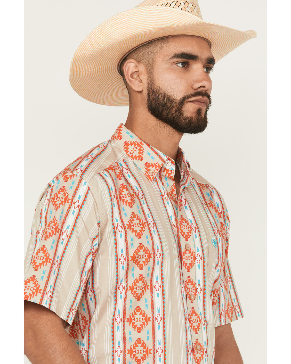 Image #2 - Ariat Men's Wade Southwestern Striped Short Sleeve Button-Down Western Shirt, Tan, hi-res