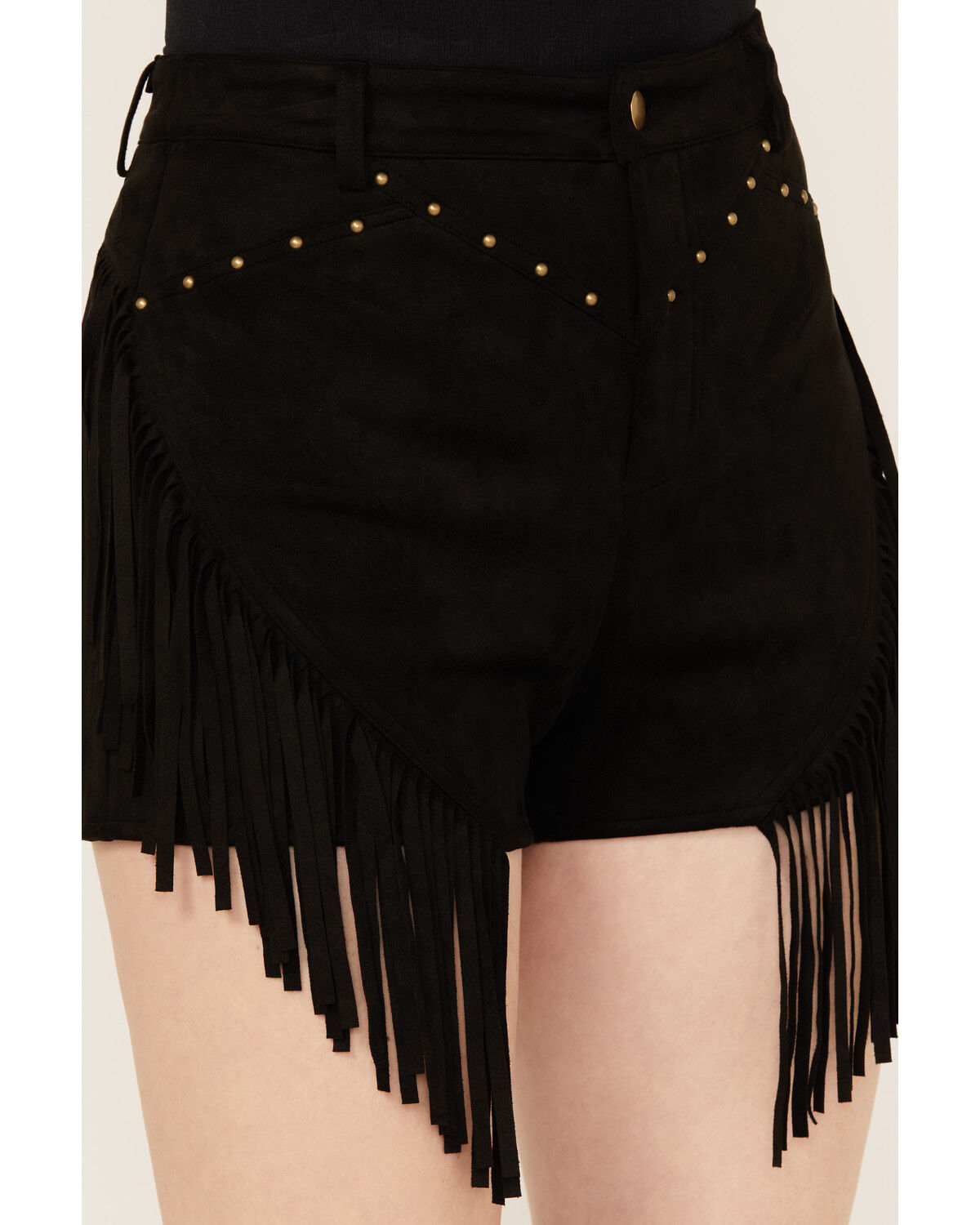 Image #2 - Blue B Women's Mid Rise Faux Suede Studded Fringe Shorts, , hi-res