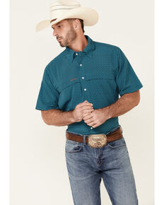 Panhandle Men's Turquoise Performance Geo Print Short Sleeve Button-Down Western Shirt , Turquoise, hi-res