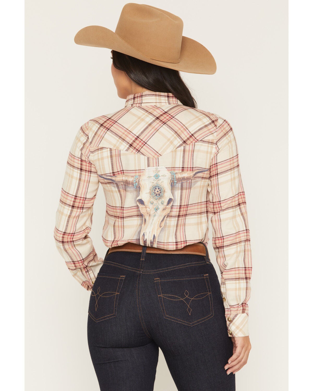 Image #2 - Shyanne Women's Lakecreek Steer Head Plaid Print Long Sleeve Button-Down Flannel Shirt, Dark Pink, hi-res