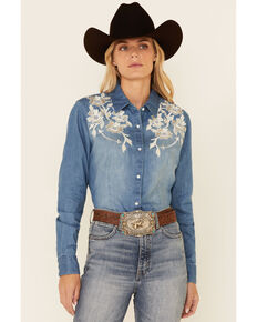Panhandle Women's Denim Floral Embroidered Long Sleeve Snap Western Core Shirt , Blue, hi-res