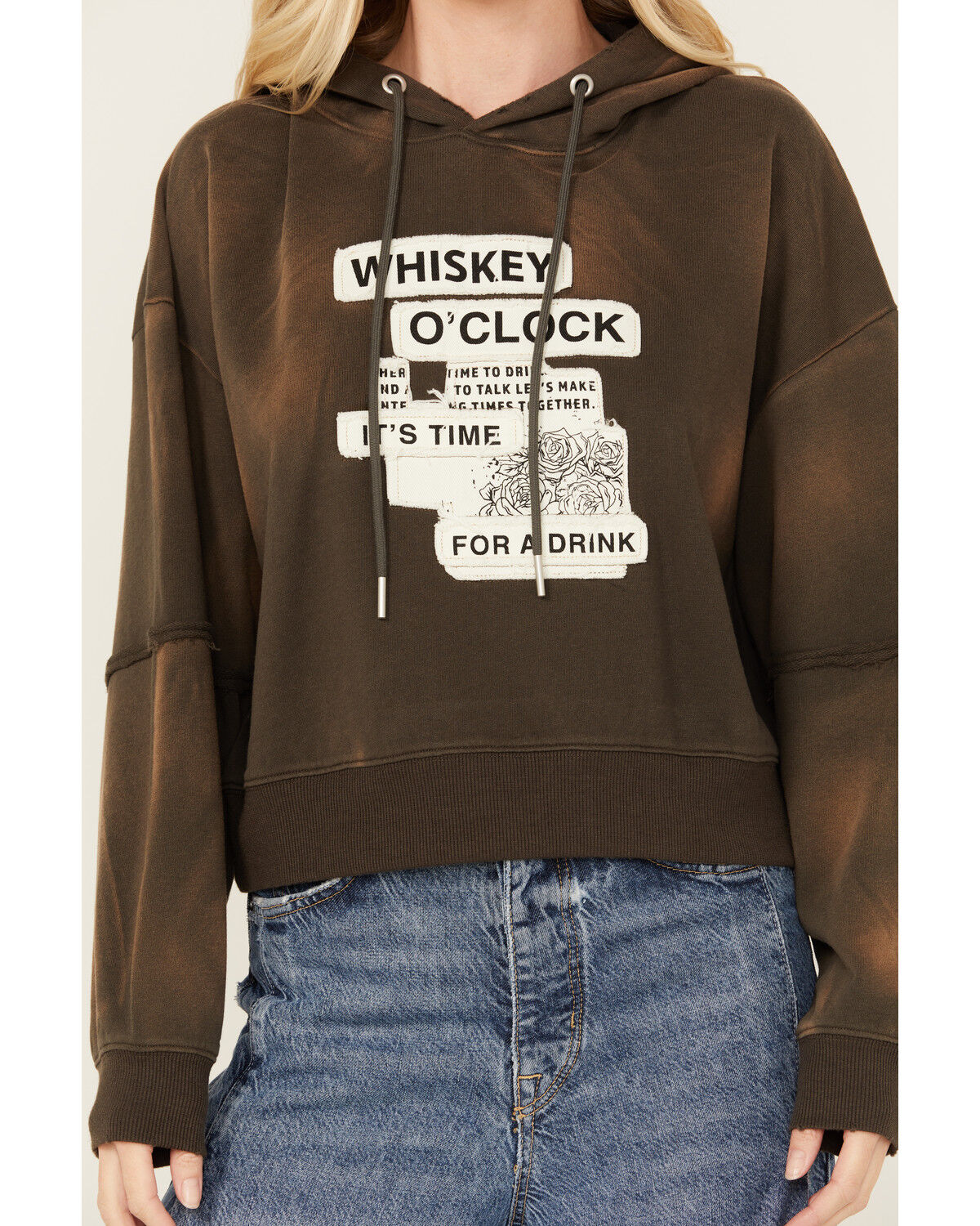 Image #3 - Cleo + Wolf Women's Bleached Deconstructed Whiskey Cropped Hoodie, Chocolate, hi-res