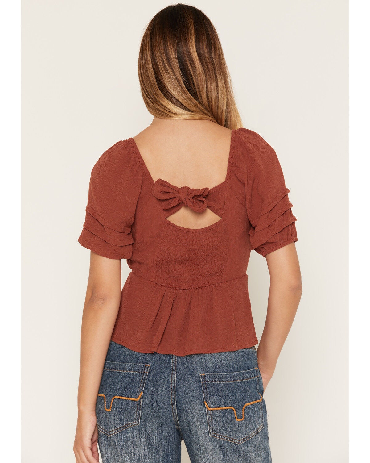 Image #4 - Lovestitch Women's Lace Front Short Sleeve Top, Rust Copper, hi-res