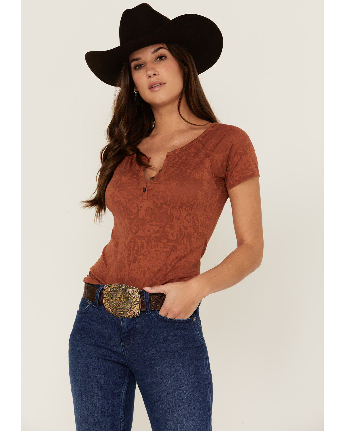 Image #1 - RANK 45® Women's Southwestern Burnout Henley Tee, , hi-res