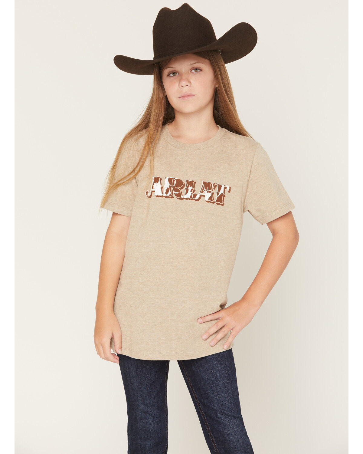 Image #1 - Ariat Girls' Boot Barn Exclusive Logo Short Sleeve Graphic Tee, Oatmeal, hi-res