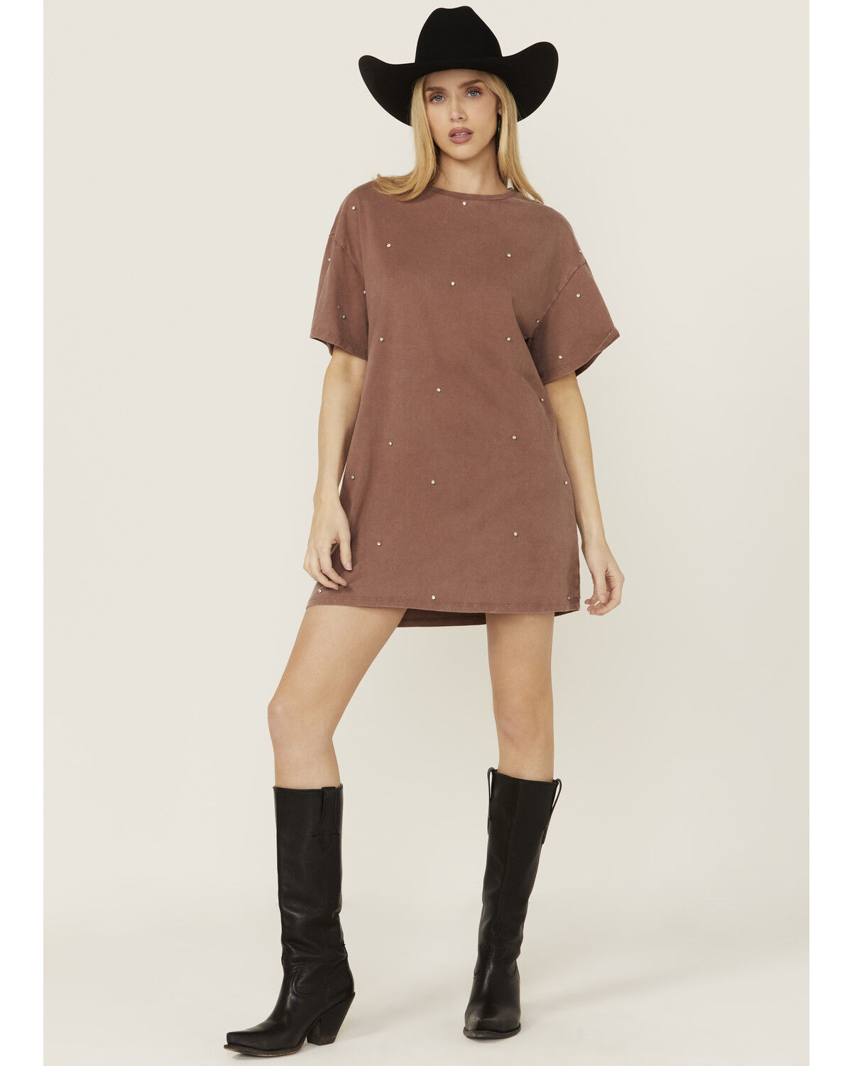Image #1 - Rock & Roll Denim Women's Rhinestone Short Sleeve T-Shirt Mini Dress, Brown, hi-res