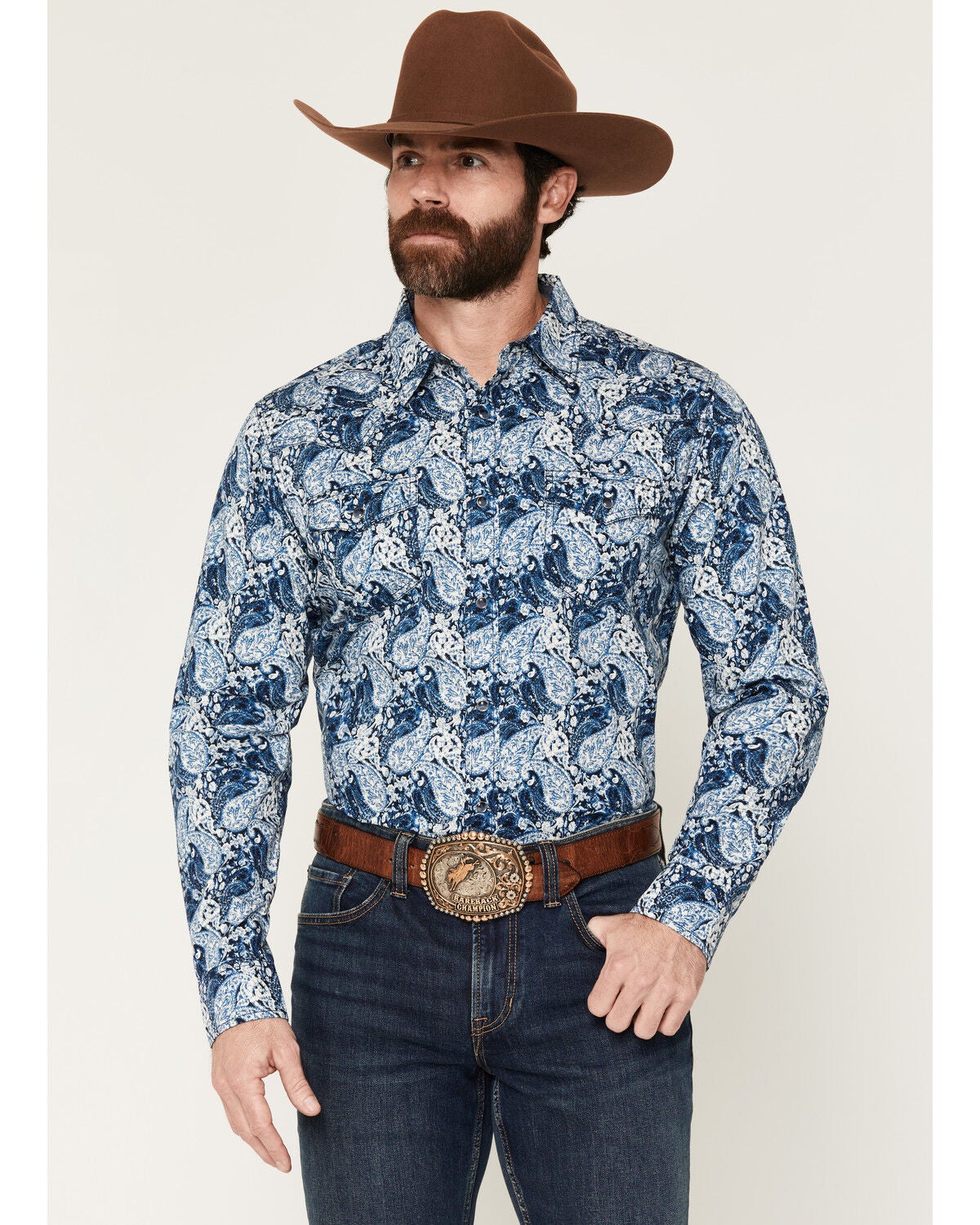 Image #1 - Cody James Men's Escape Route Paisley Print Long Sleeve Snap Western Shirt, Light Blue, hi-res