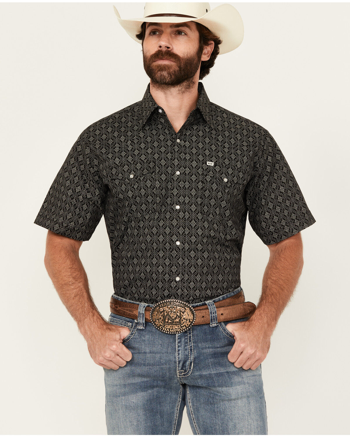 Image #1 - Ely Walker Men's Geo Print Short Sleeve Snap Western Shirt - Tall, Black, hi-res