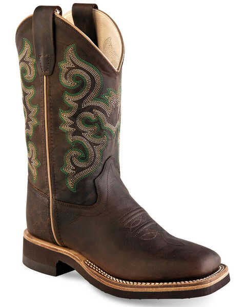 Old West Boys' Classic Green Embroidered Western Boots - Wide Square Toe, Brown, hi-res
