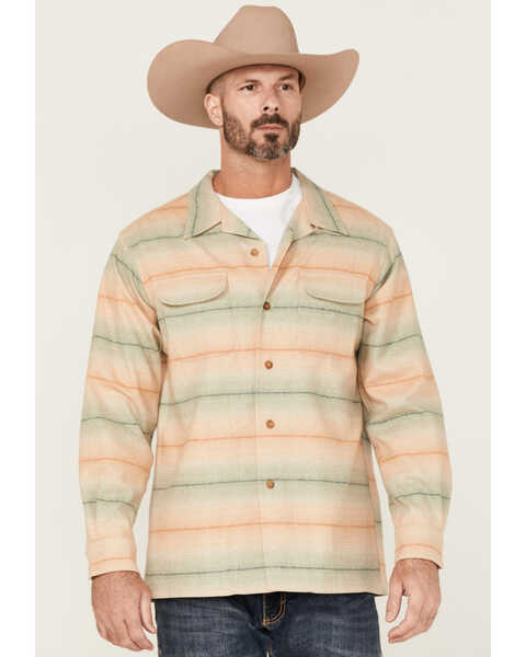 Pendleton Men's Board Tan & Green Ombre Plaid Long Sleeve Button-Down Western Shirt , Tan, hi-res