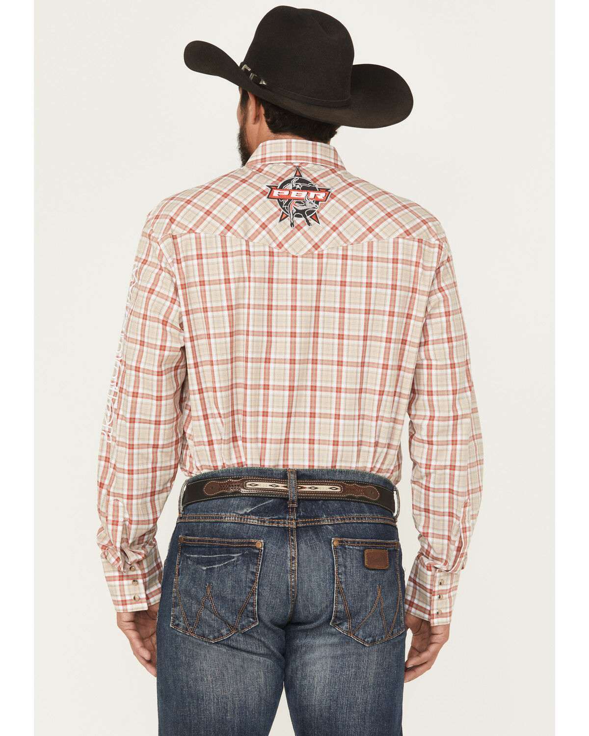 Image #4 - Wrangler Men's PBR Plaid Print Long Sleeve Snap Western Shirt, Tan, hi-res