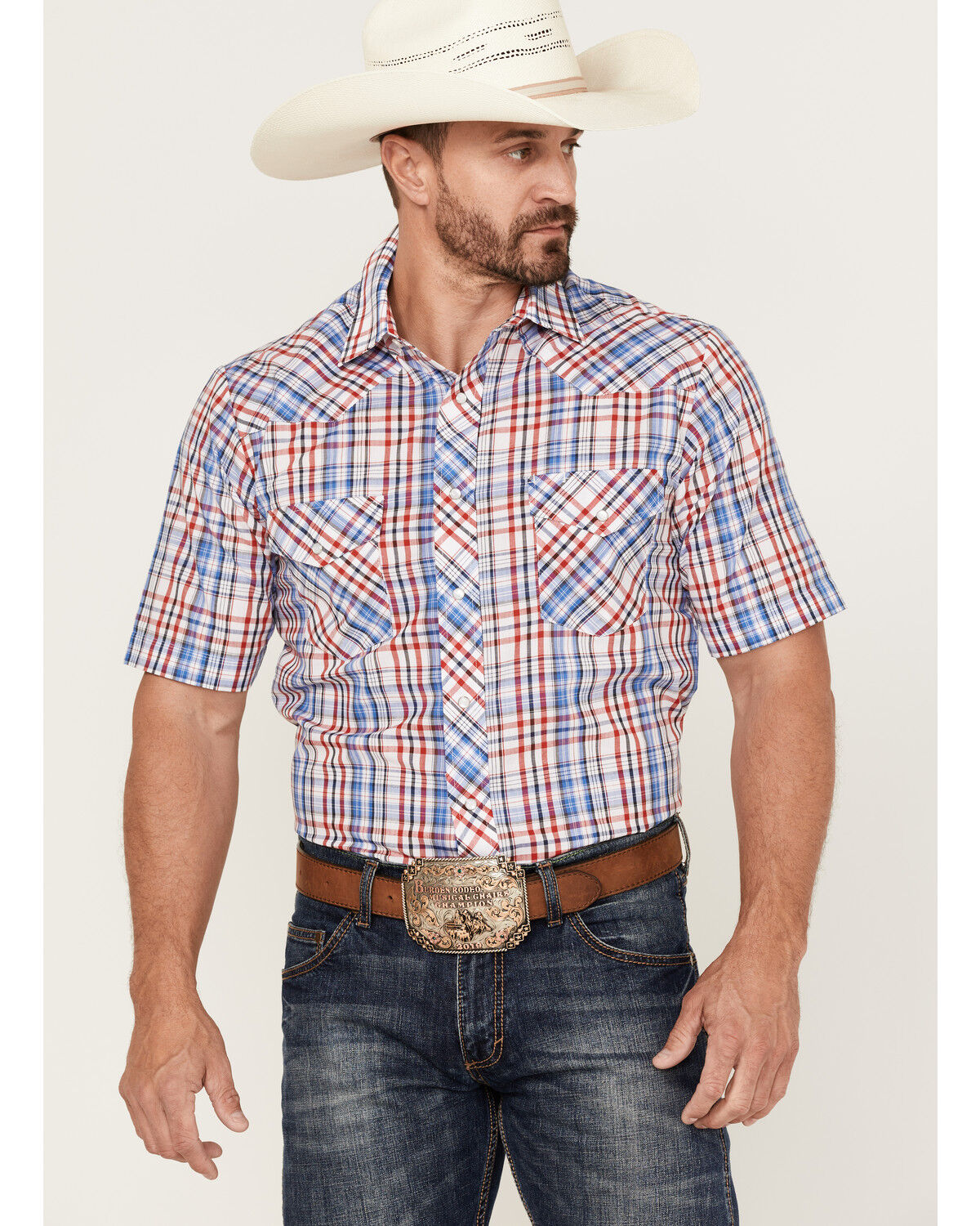 Image #1 - Roper Men's Red White & Blue Large Plaid Short Sleeve Pearl Snap Western Shirt, , hi-res