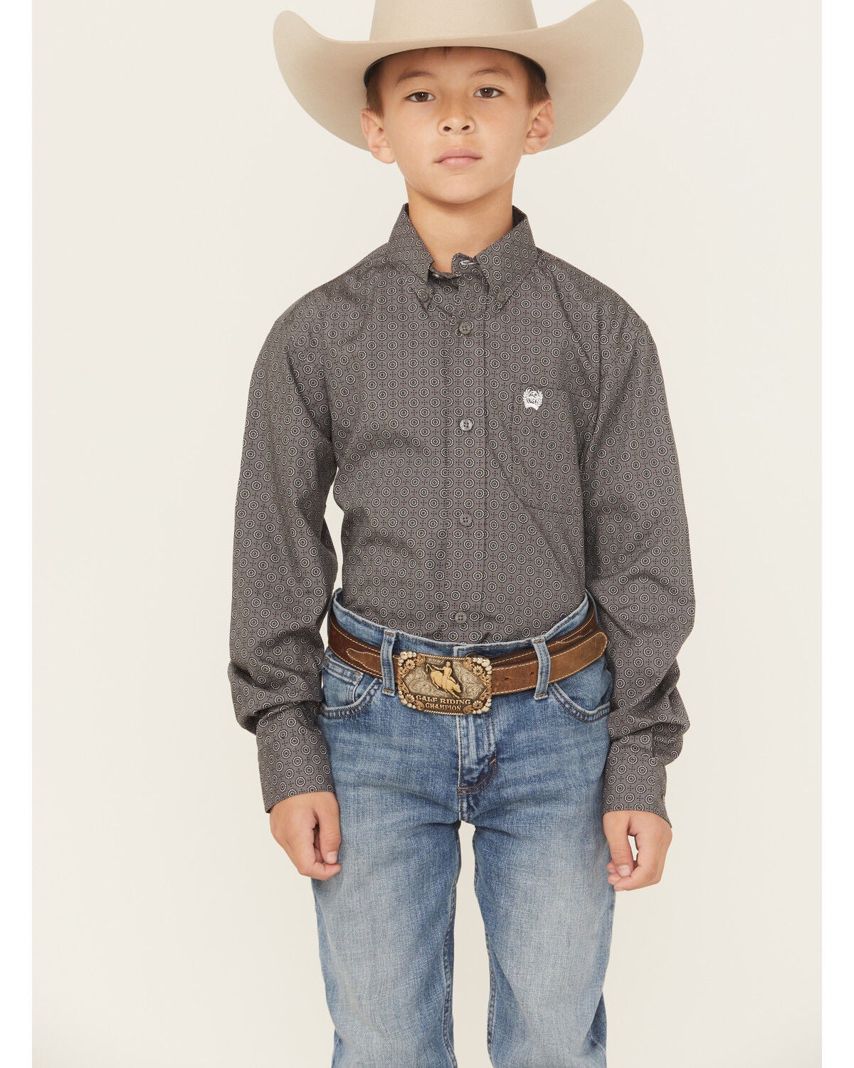 Cinch Boys' Geo Print Long Sleeve Button-Down Western Shirt, Grey, hi-res