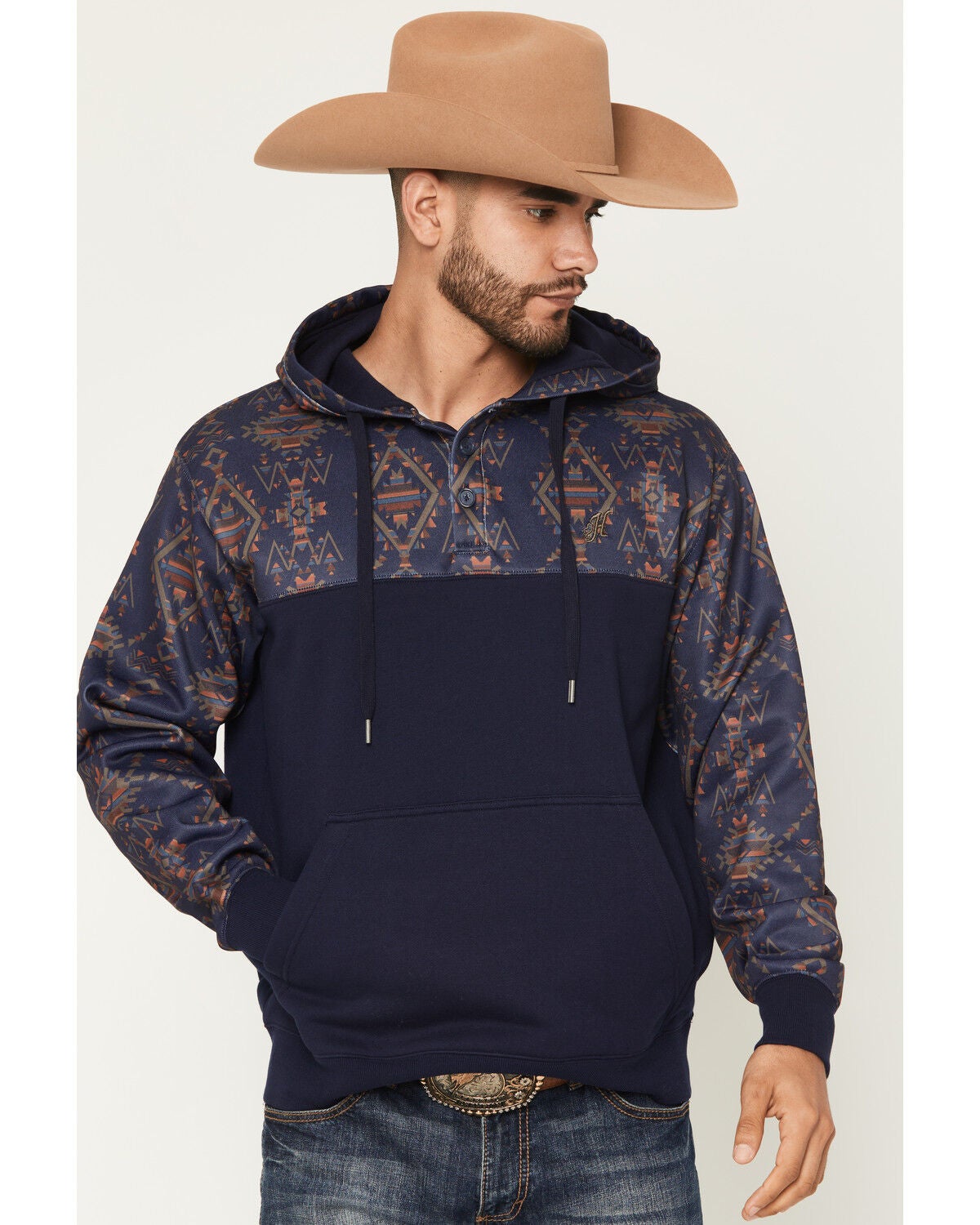 Image #1 - Hooey Men's Jimmy Southwestern Block Hooded Pullover, Navy, hi-res