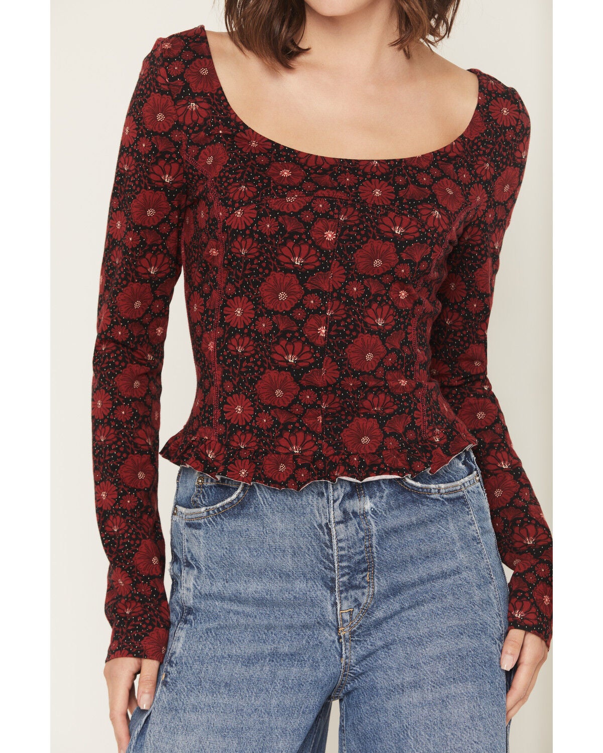 Image #3 - Rock & Roll Denim Women's Floral Print Long Sleeve Top, Red, hi-res