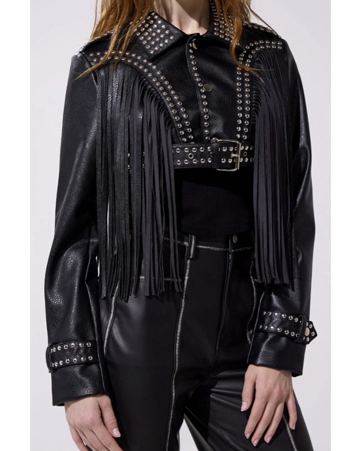 Image #1 - Azalea Wang Women's Faux Leather Studded Fringe Cropped Jacket, Black, hi-res