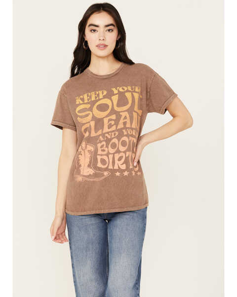 Youth in Revolt Women's Soul Clean Boots Dirty Ombre Short Sleeve Graphic Tee, Brown, hi-res