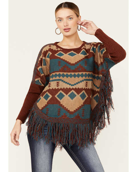 Joseph Studio Women's Brown & Teal Southwestern Fringe Hem Pullover Sweater, Brown, hi-res