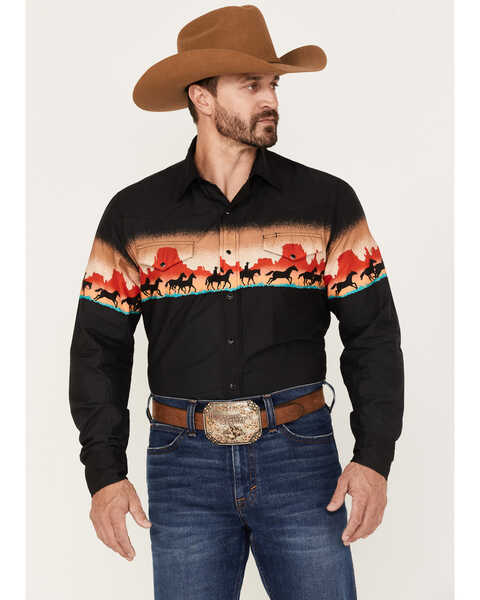 Roper Men's Horses Border Long Sleeve Snap Western Shirt, Black, hi-res