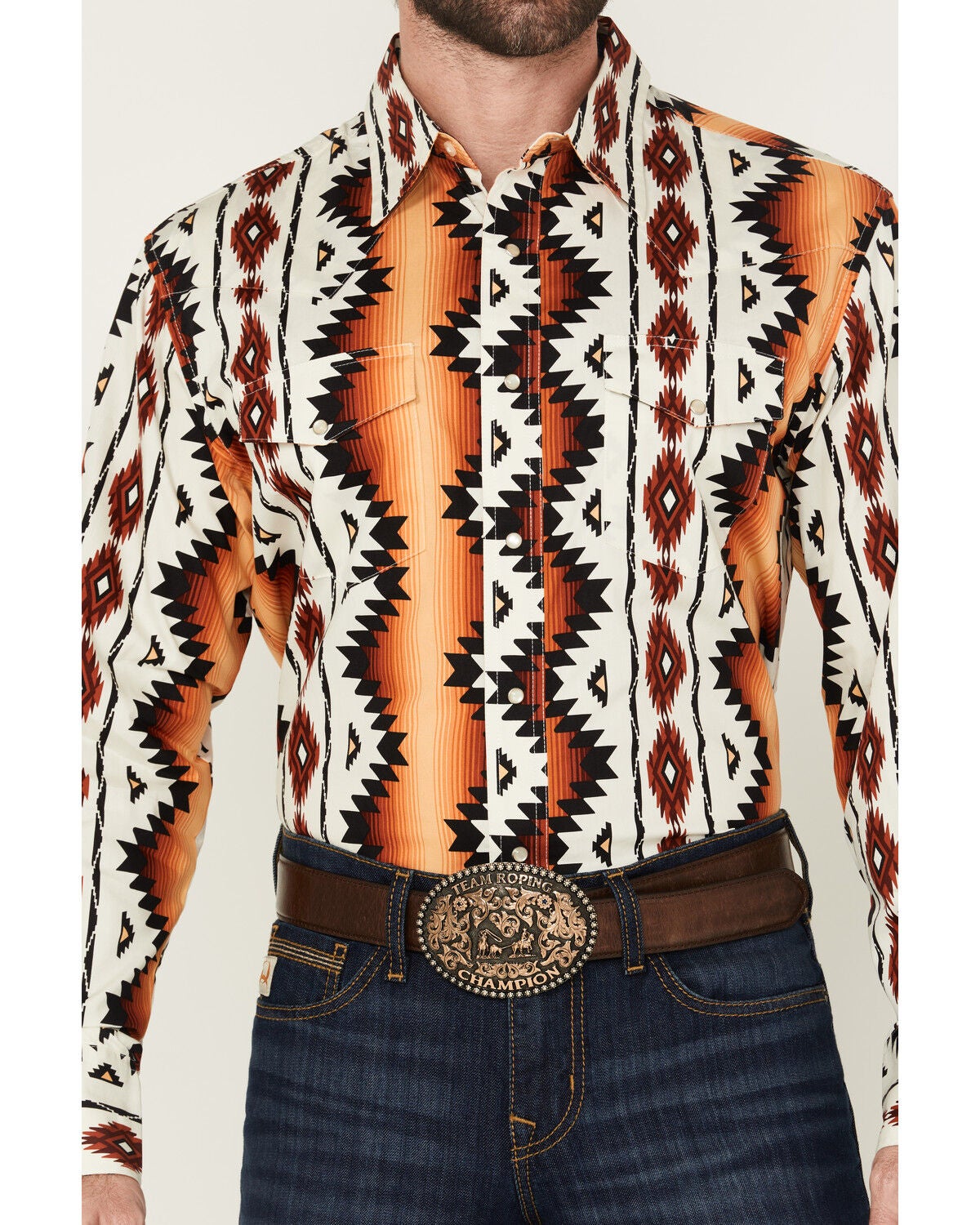 Image #3 - Wrangler Men's Checotah Southwestern Print Long Sleeve Snap Western Shirt - Tall, Orange, hi-res