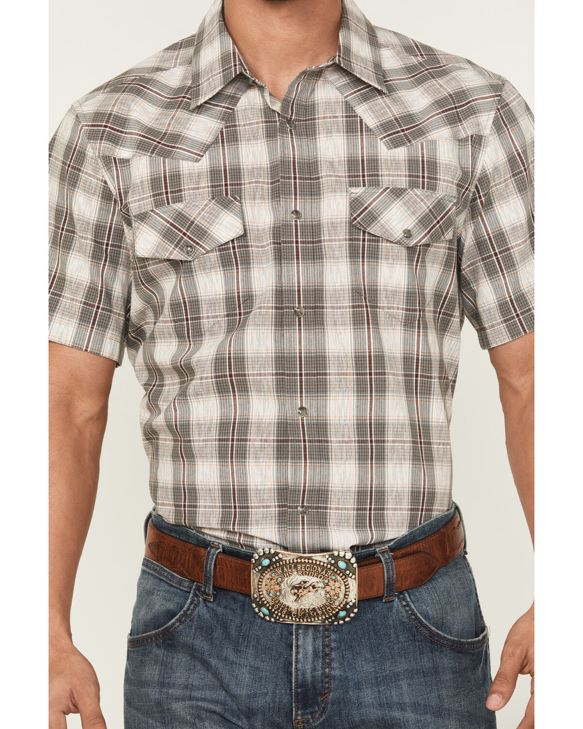 Image #3 - Gibson Trading Co Men's Starlink Plaid Print Short Sleeve Snap Western Shirt - Big, Grey, hi-res