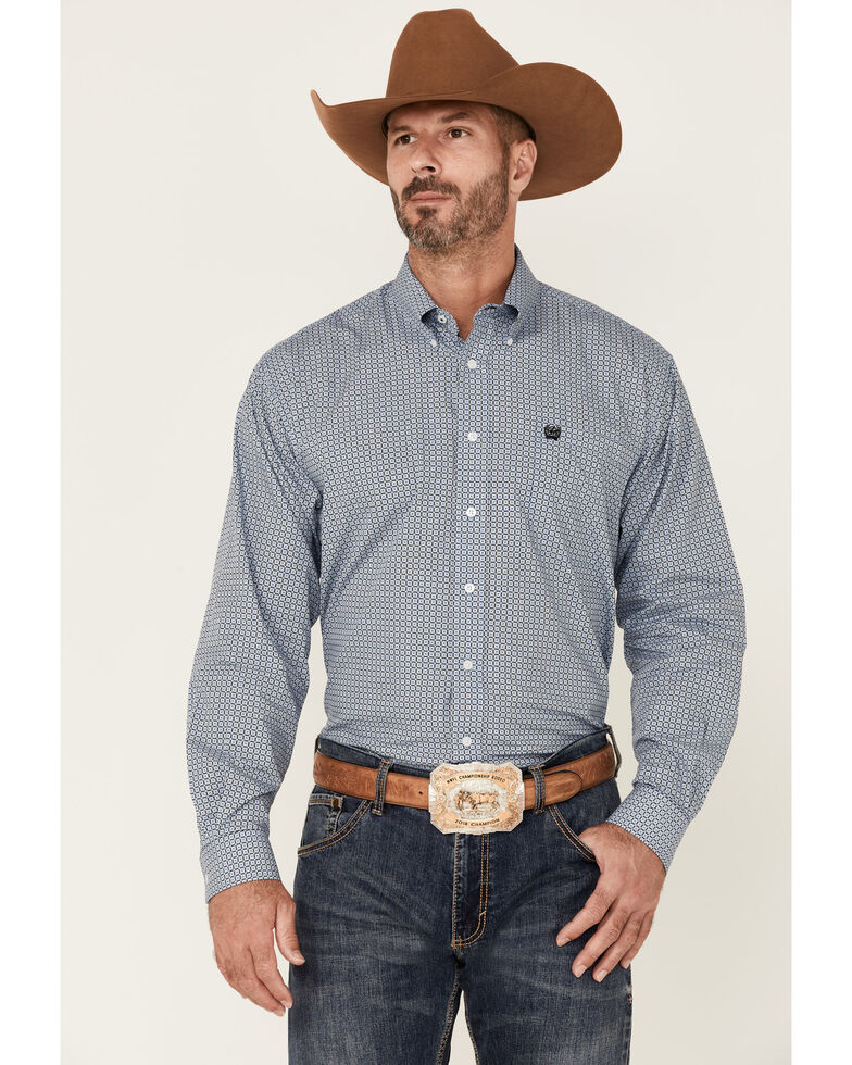 Cinch Men's Blue Square Geo Print Long Sleeve Button-Down Western Shirt , Blue, hi-res