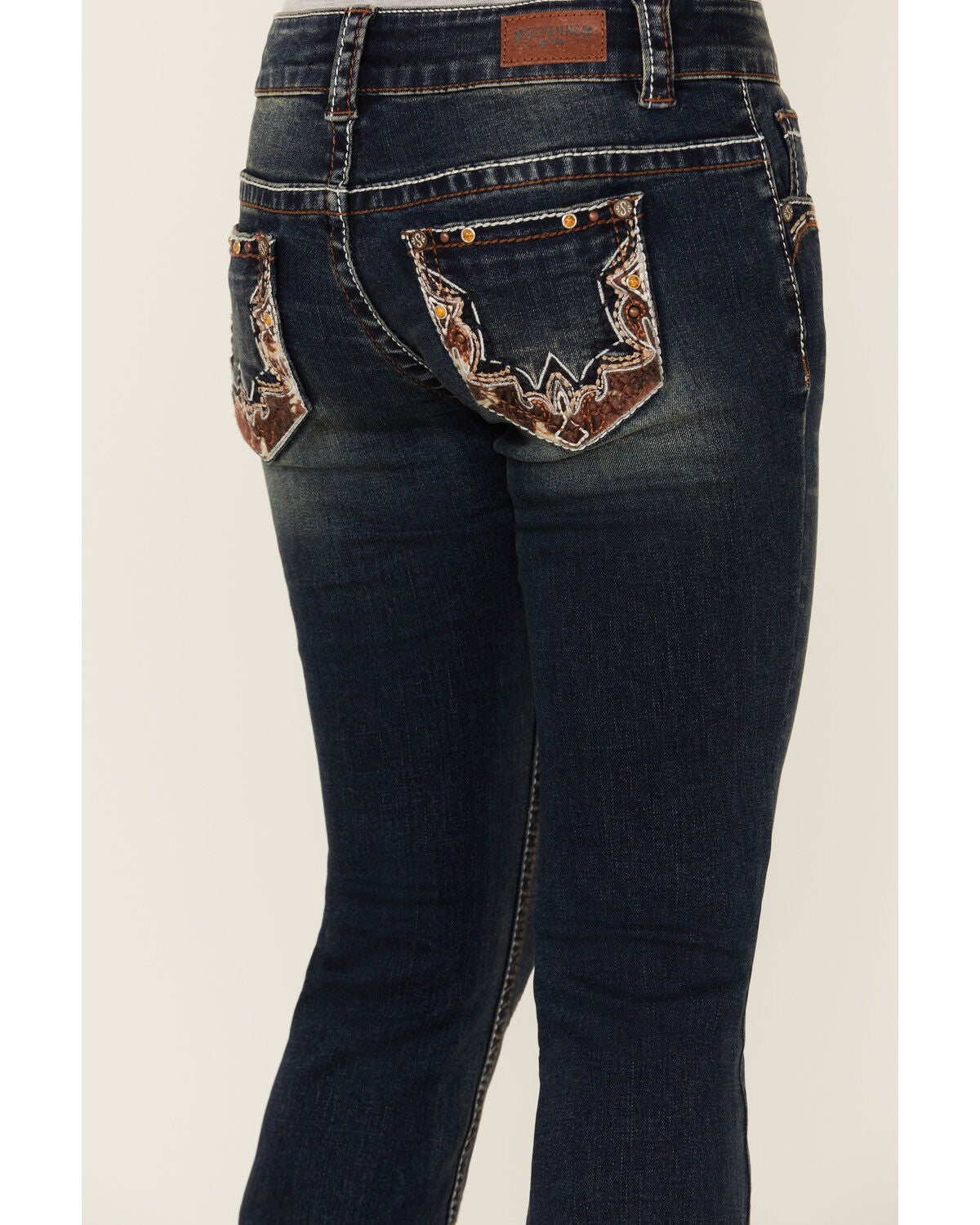 Image #2 - Shyanne Girls' Medium Wash Cowhide Pocket Bootcut Stretch Denim Jeans, Medium Wash, hi-res