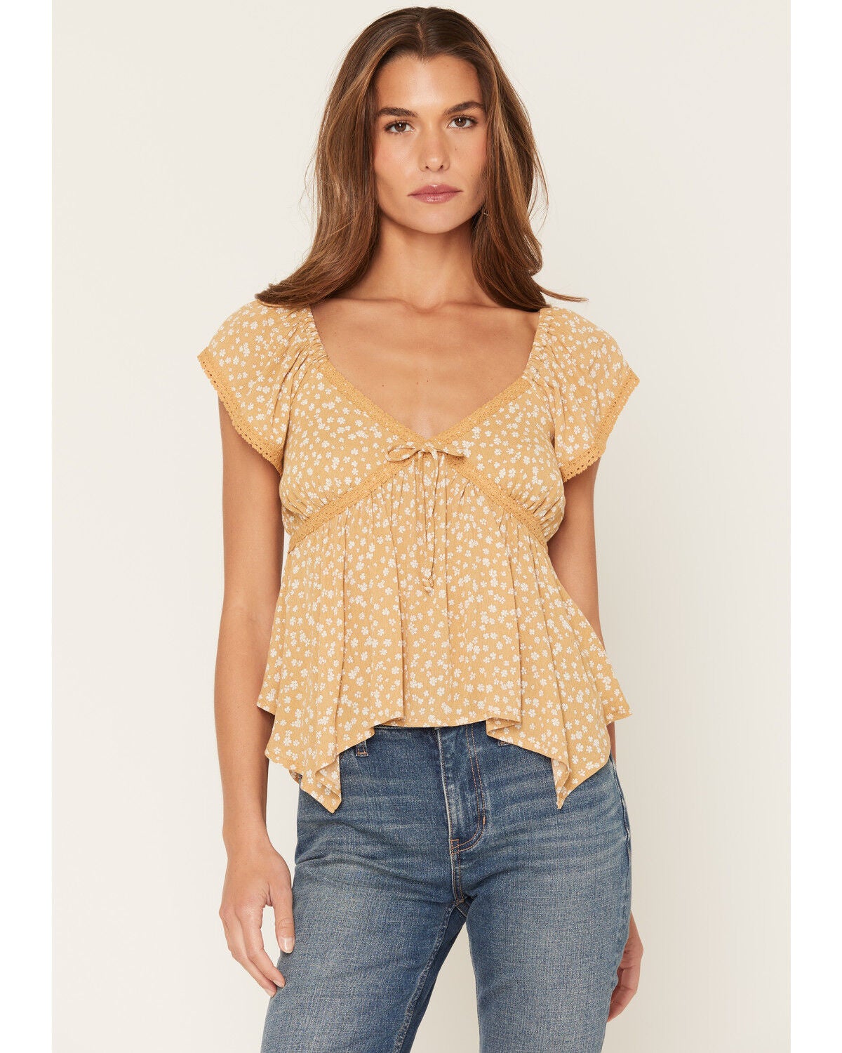 Image #1 - Wild Moss Women's Floral Print Hanky Hem Short Sleeve Top, Mustard, hi-res